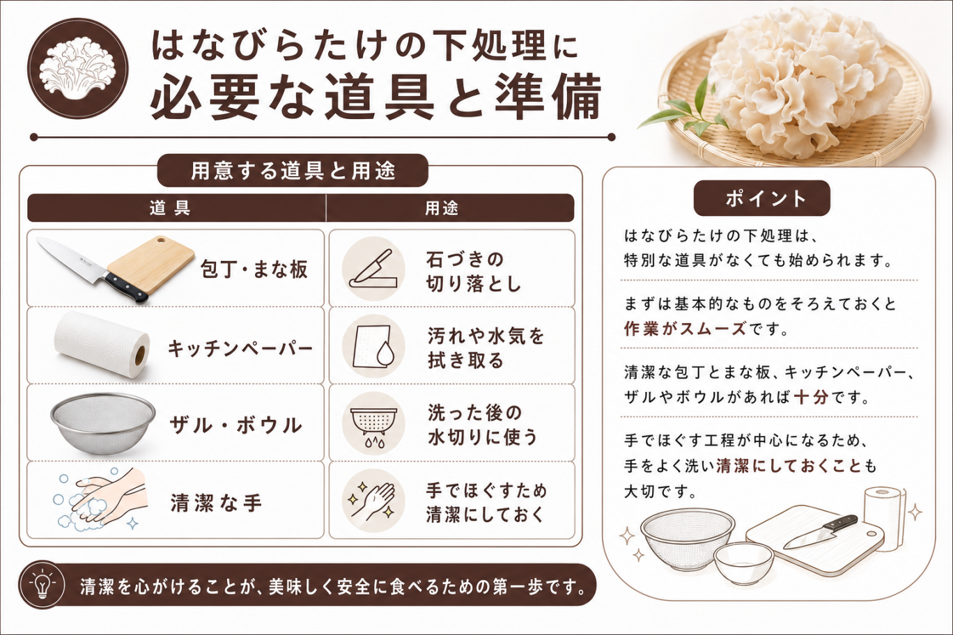 はなびらたけの下処理に必要な道具と準備
