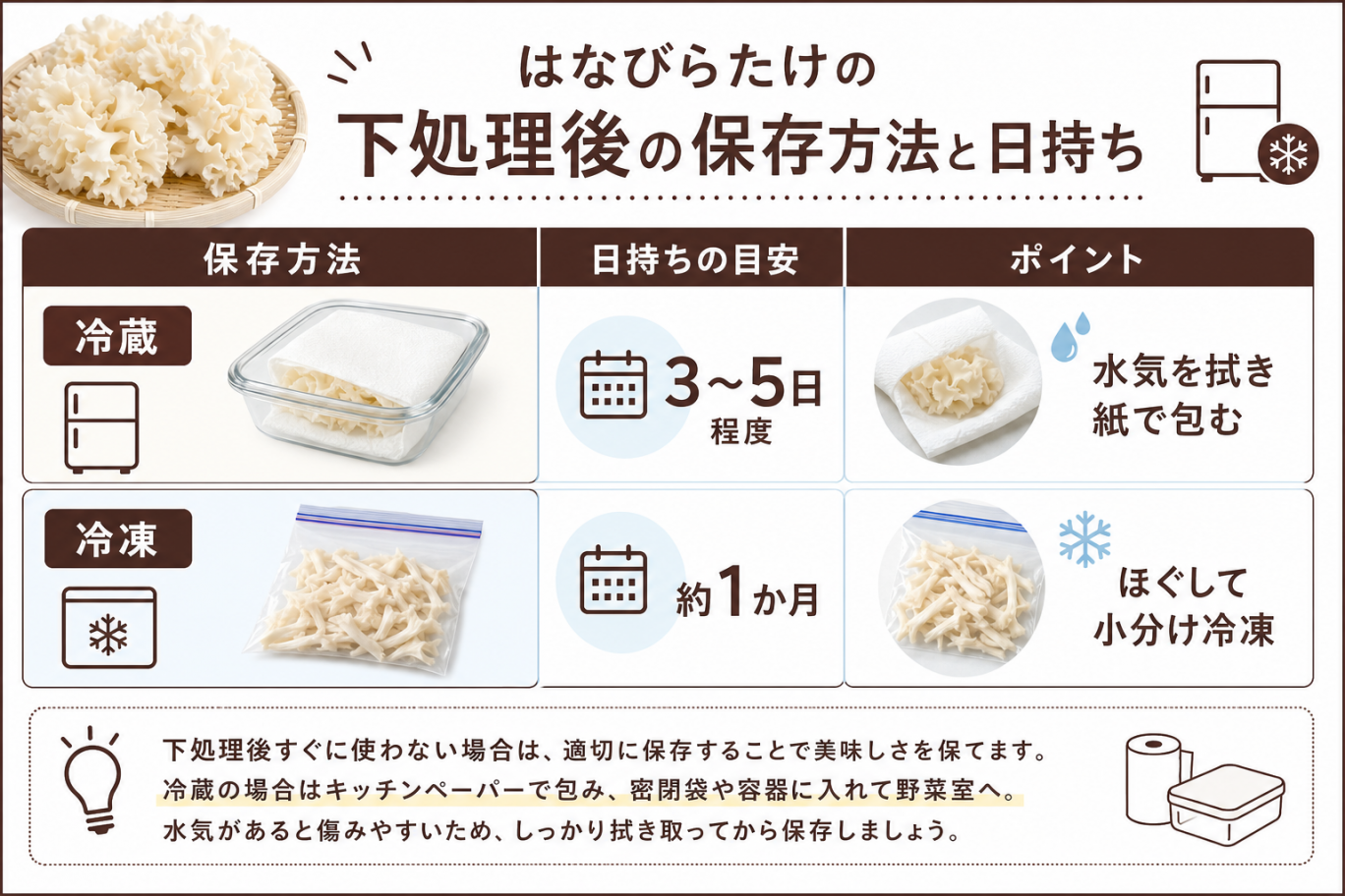 はなびらたけの下処理後の保存方法と日持ち